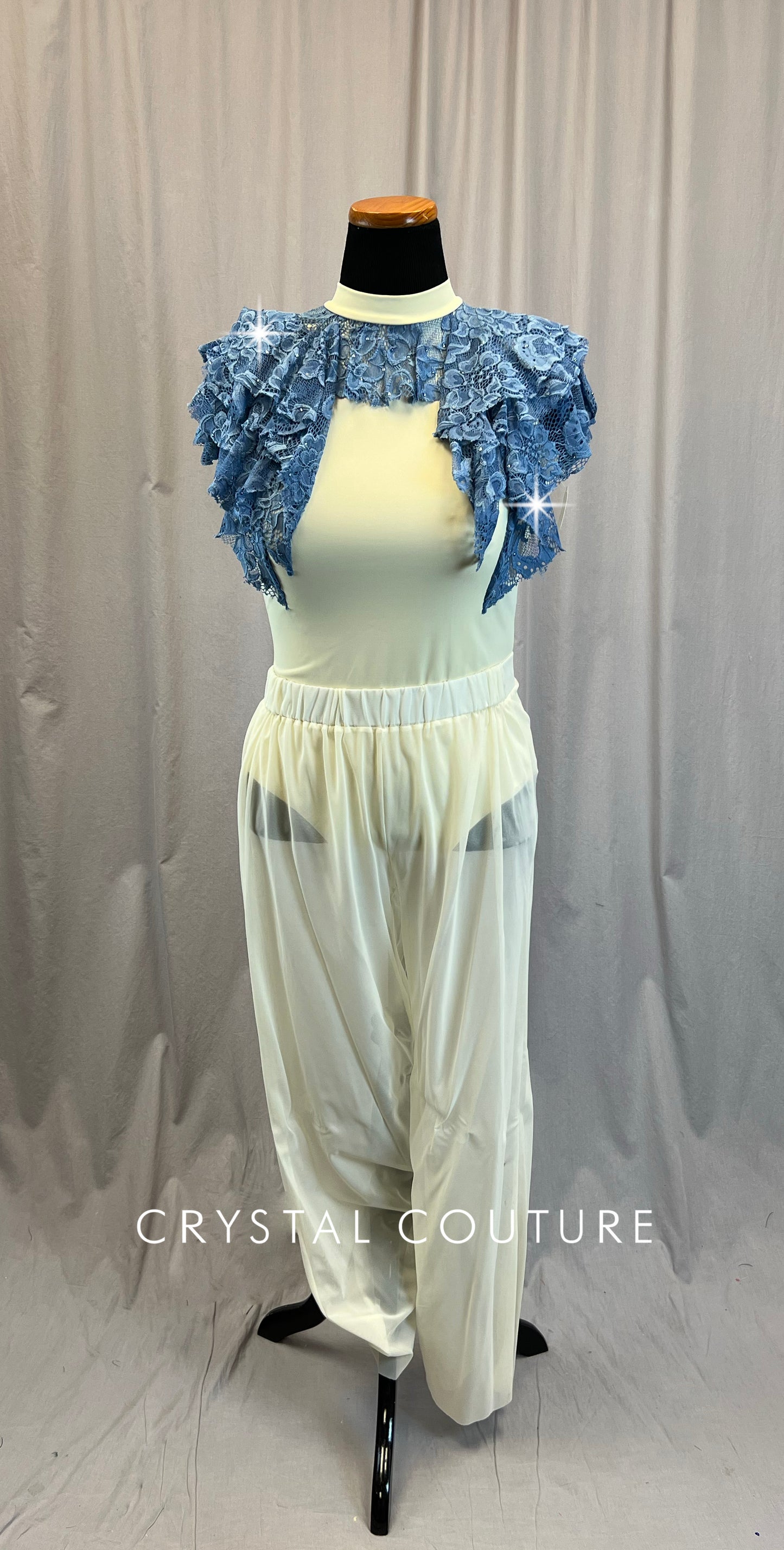 Custom Ivory and Dusty Blue Lace Leotard and Mesh Pants Set -Rhinestones