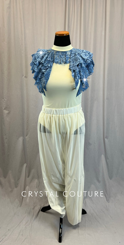 Custom Ivory and Dusty Blue Lace Leotard and Mesh Pants Set -Rhinestones
