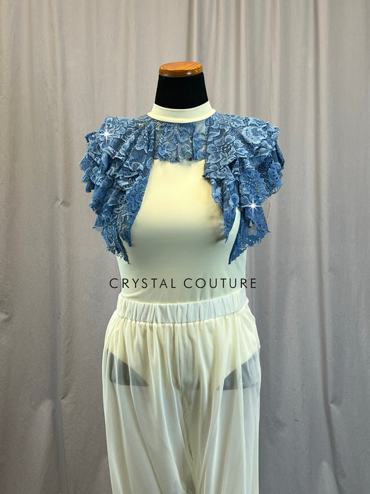 Custom Ivory and Dusty Blue Lace Leotard and Mesh Pants Set -Rhinestones