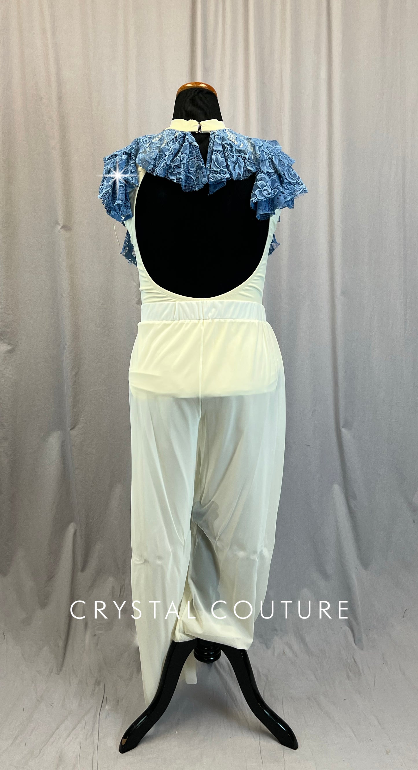 Custom Ivory and Dusty Blue Lace Leotard and Mesh Pants Set -Rhinestones