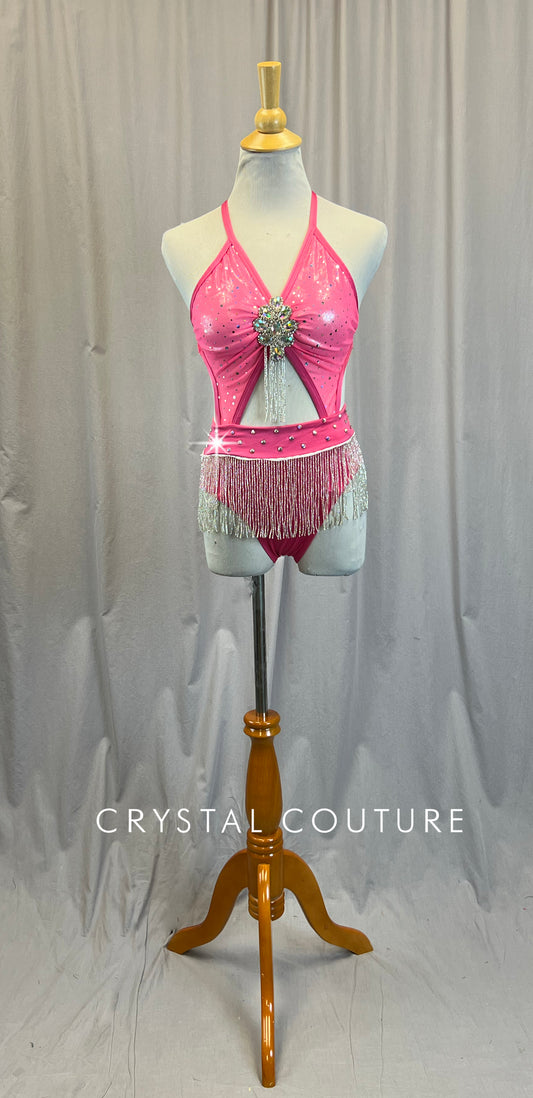 Custom Pink and Silver Mesh Cut Out Stappy Set -Rhinestones, Brooch, Beaded Fringe, Hairpiece