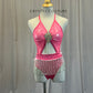 Custom Pink and Silver Mesh Cut Out Stappy Set -Rhinestones, Brooch, Beaded Fringe, Hairpiece