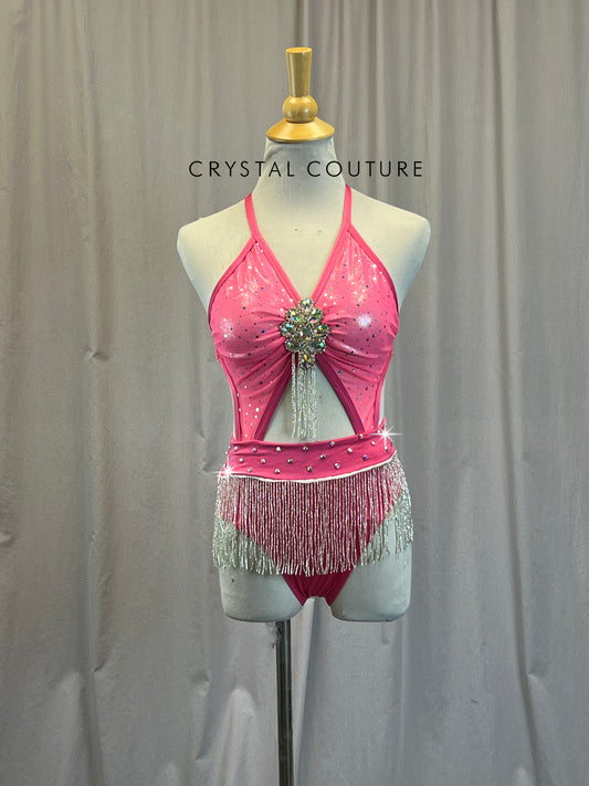 Custom Pink and Silver Mesh Cut Out Stappy Set -Rhinestones, Brooch, Beaded Fringe, Hairpiece