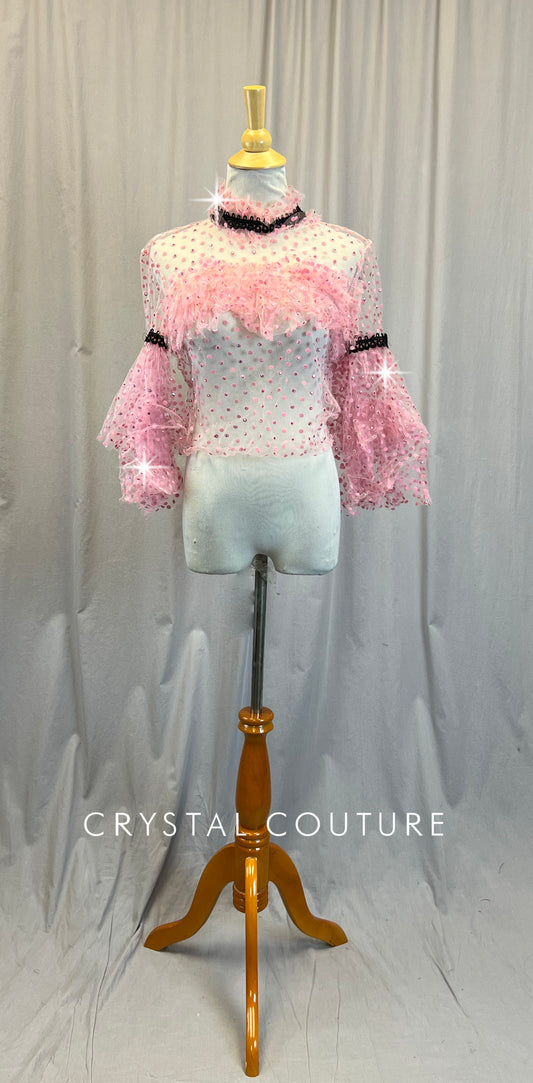 Custom Pink Polka Dot Frilly Tulle Top w/ Black Trim -Rhinestones
