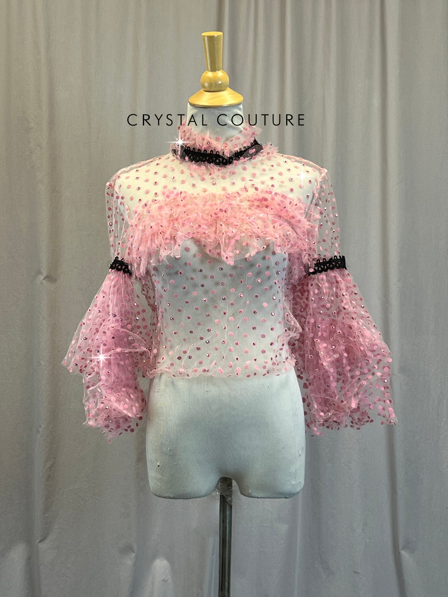 Custom Pink Polka Dot Frilly Tulle Top w/ Black Trim -Rhinestones