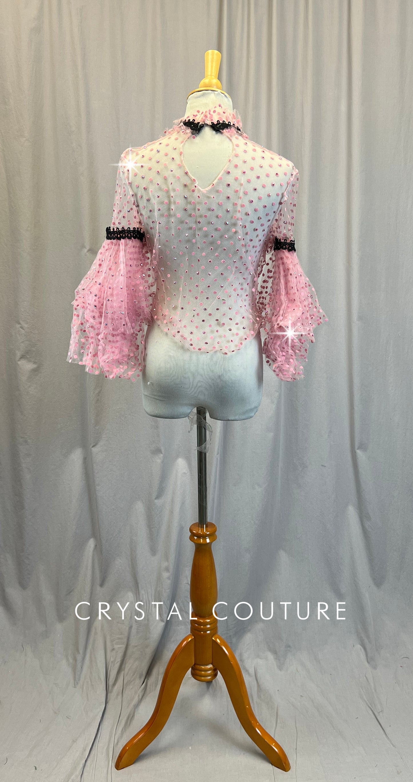 Custom Pink Polka Dot Frilly Tulle Top w/ Black Trim -Rhinestones