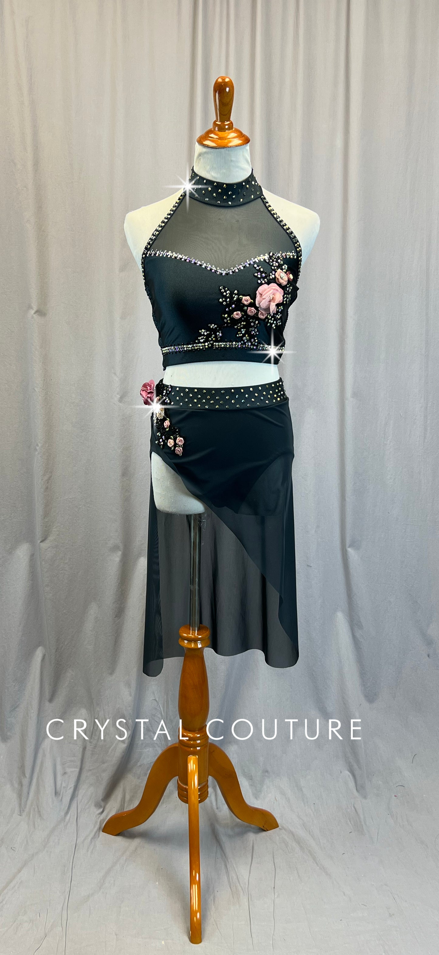 Custom Deep Charcoal Mock Neck Halter Crop Top and Brief w/ Diagonal Skirt Set -Rhinestones, Appliques