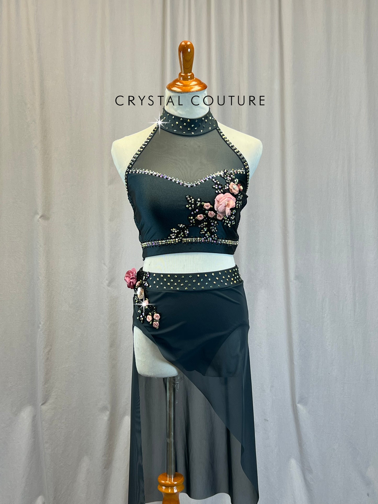 Custom Deep Charcoal Mock Neck Halter Crop Top and Brief w/ Diagonal Skirt Set -Rhinestones, Appliques
