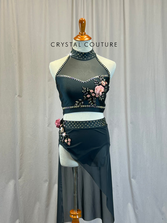 Custom Deep Charcoal Mock Neck Halter Crop Top and Brief w/ Diagonal Skirt Set -Rhinestones, Appliques