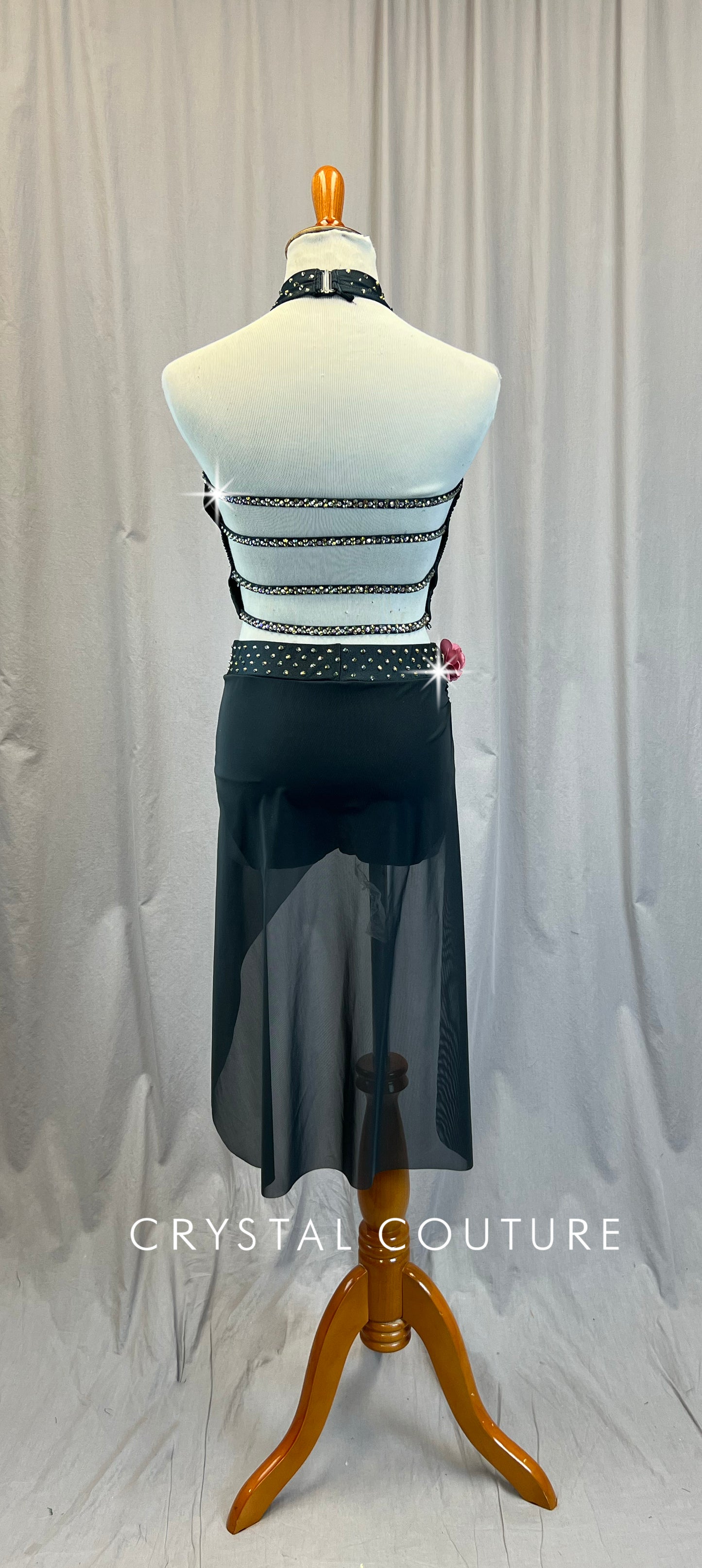Custom Deep Charcoal Mock Neck Halter Crop Top and Brief w/ Diagonal Skirt Set -Rhinestones, Appliques