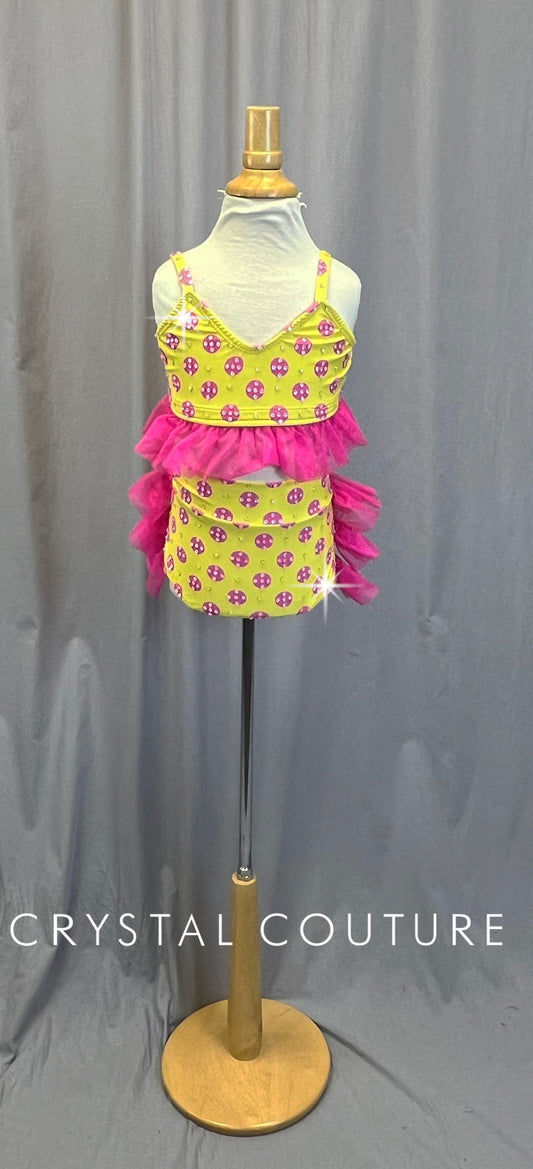 Yellow with Pink Polka Dots Two Piece Set - Rhinestones