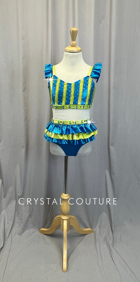 Blue and Green Top and Brief Two Piece - Rhinestones