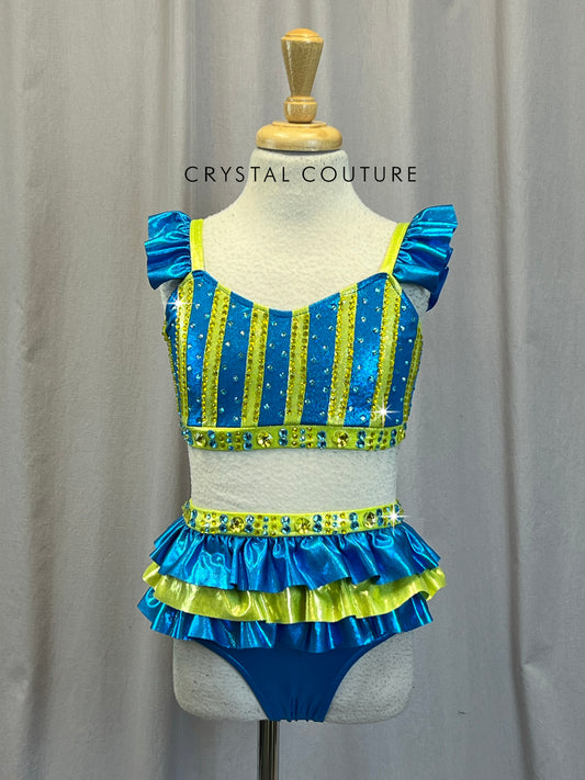 Blue and Green Top and Brief Two Piece - Rhinestones