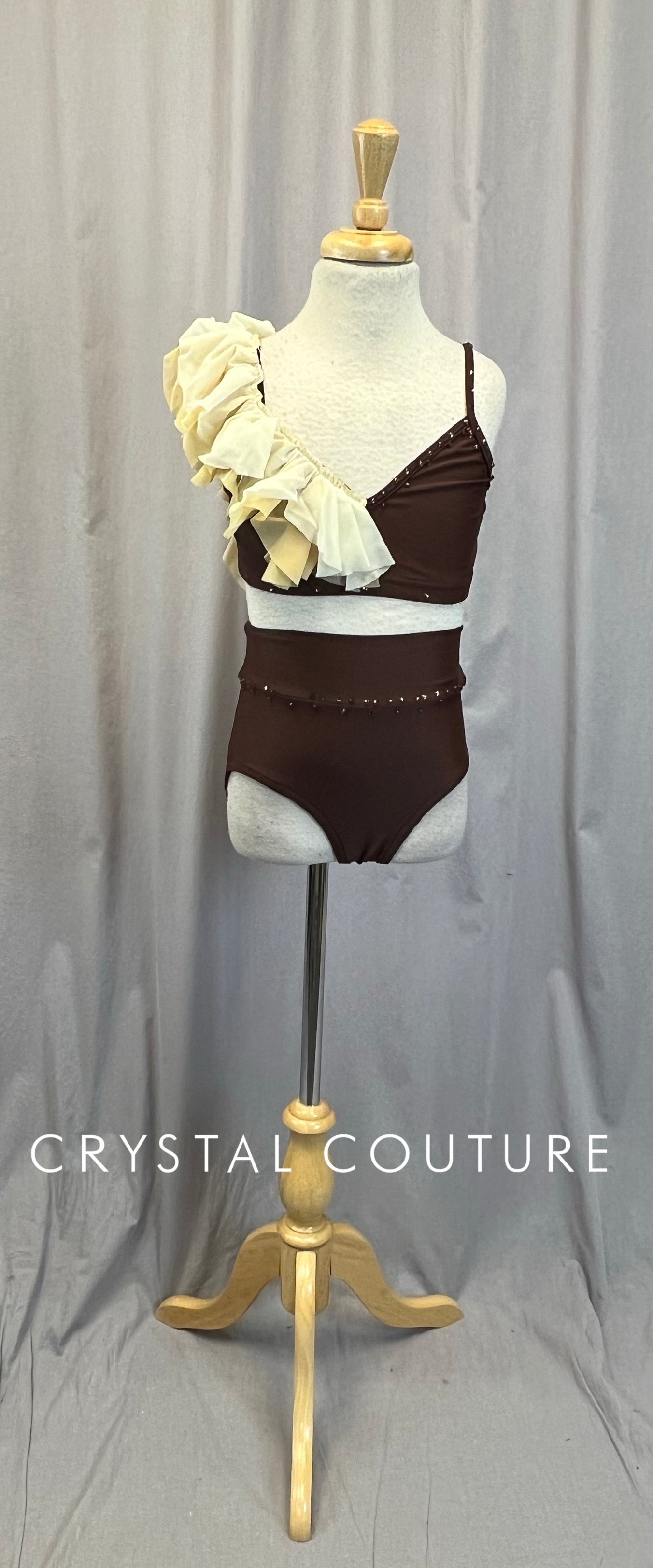 Brown and Ivory Bra Top and Brief Two-Piece - Rhinestones