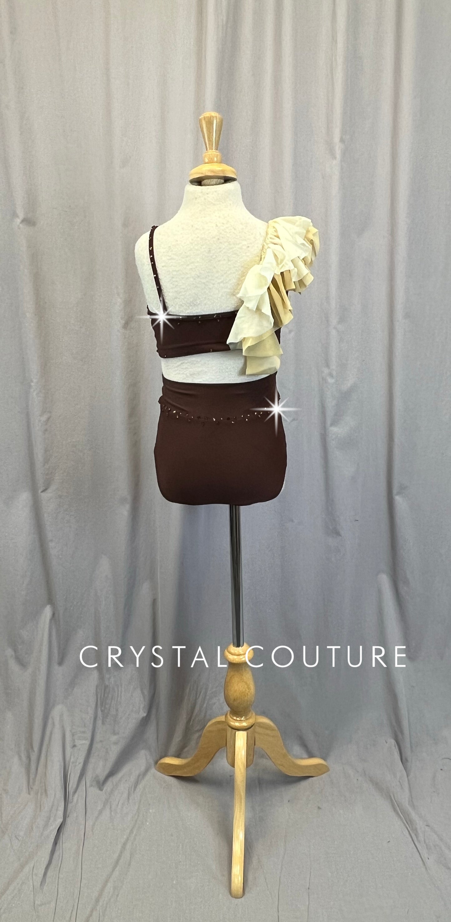Brown and Ivory Bra Top and Brief Two-Piece - Rhinestones