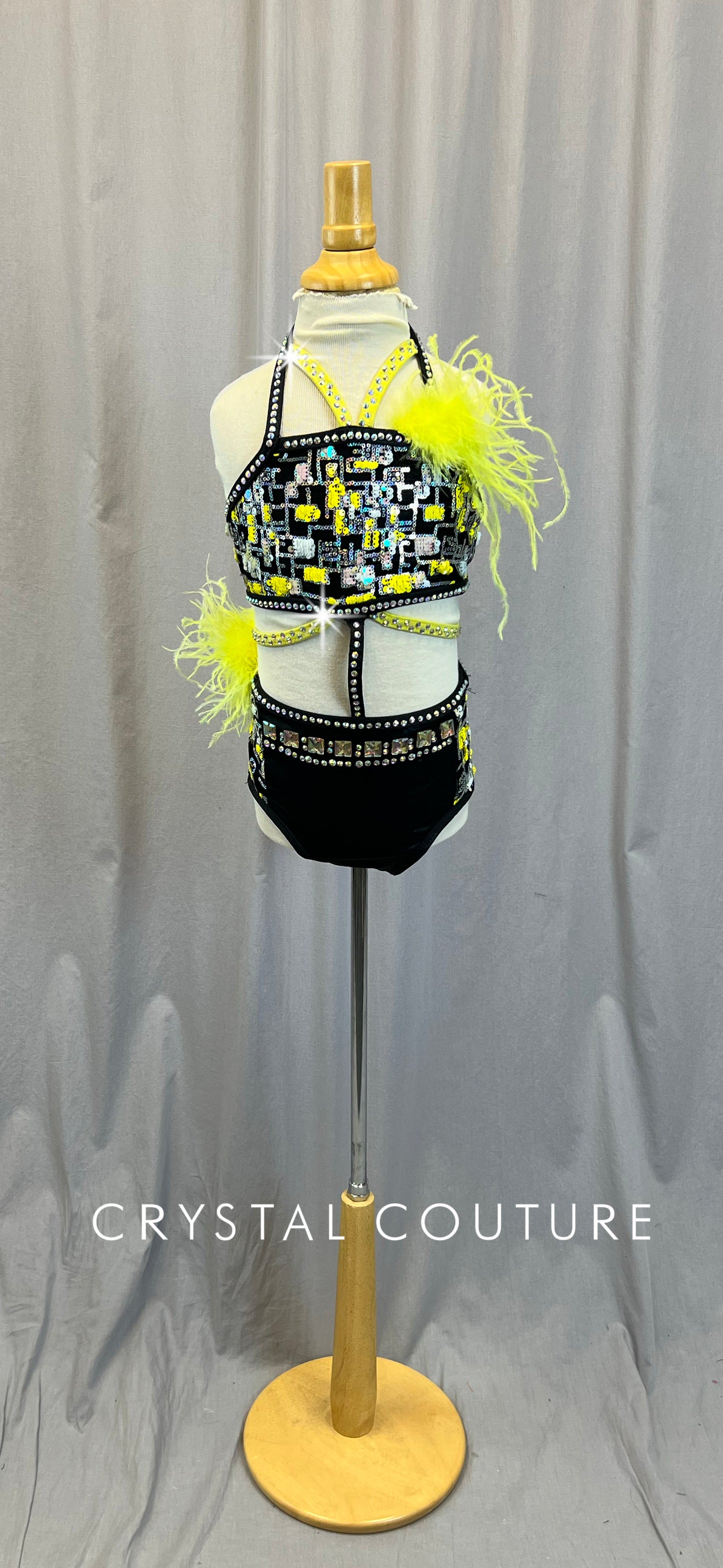Black and Yellow Strappy Leotard- Rhinestones