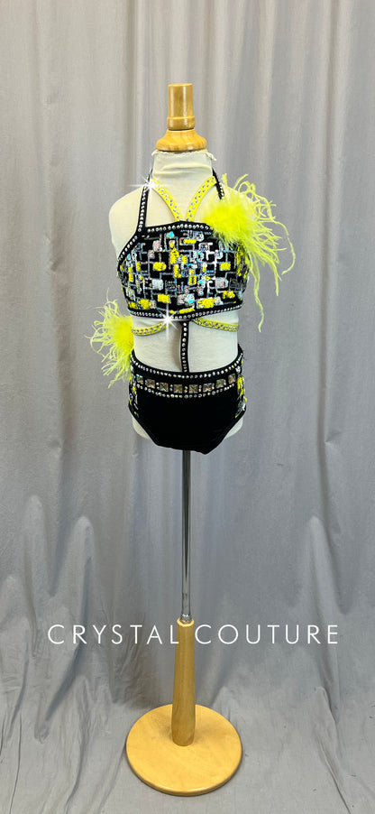 Black and Yellow Strappy Leotard- Rhinestones