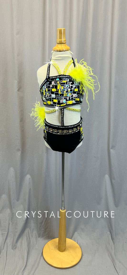 Black and Yellow Strappy Leotard- Rhinestones