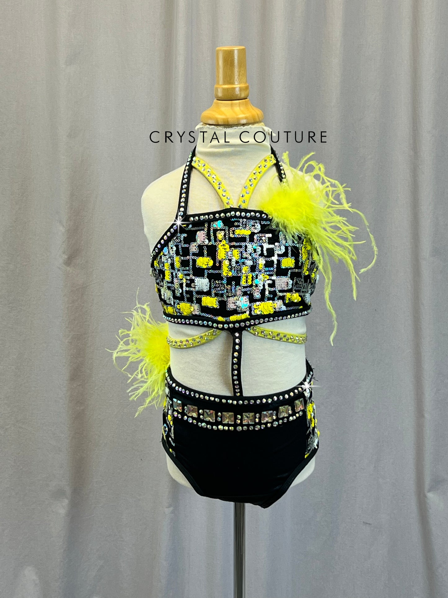 Black and Yellow Strappy Leotard- Rhinestones