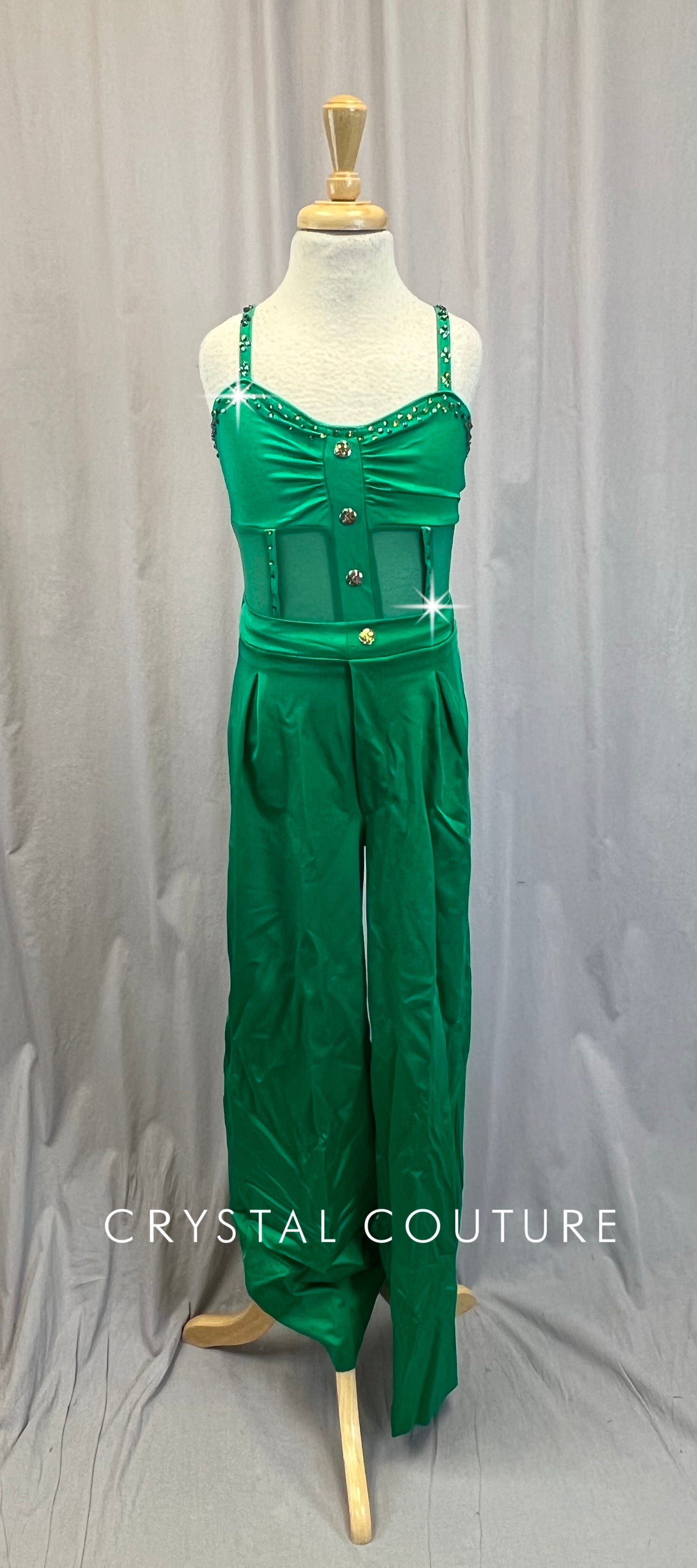 Green Lycra and Mesh Leotard with Buttons, Green High Waisted Pants - Rhinestones