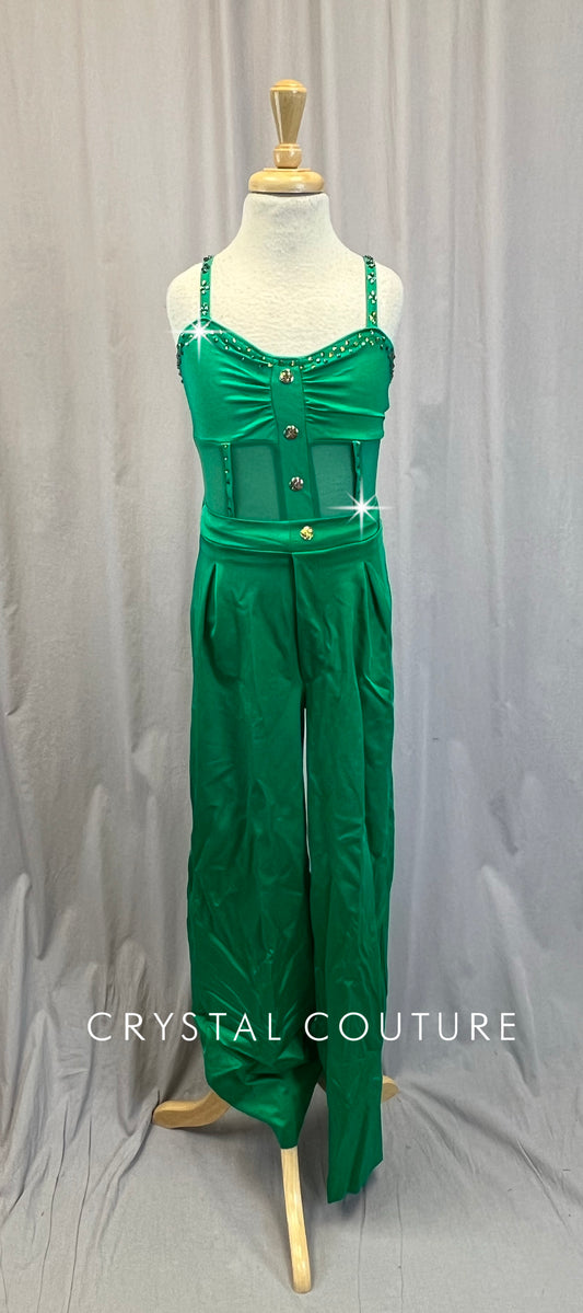 Green Lycra and Mesh Leotard with Buttons, Green High Waisted Pants - Rhinestones