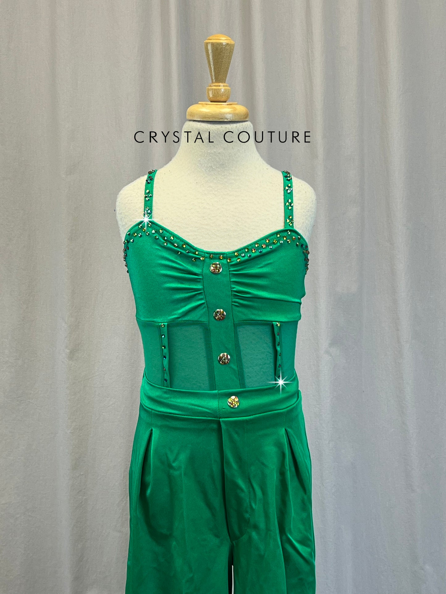 Green Lycra and Mesh Leotard with Buttons, Green High Waisted Pants - Rhinestones