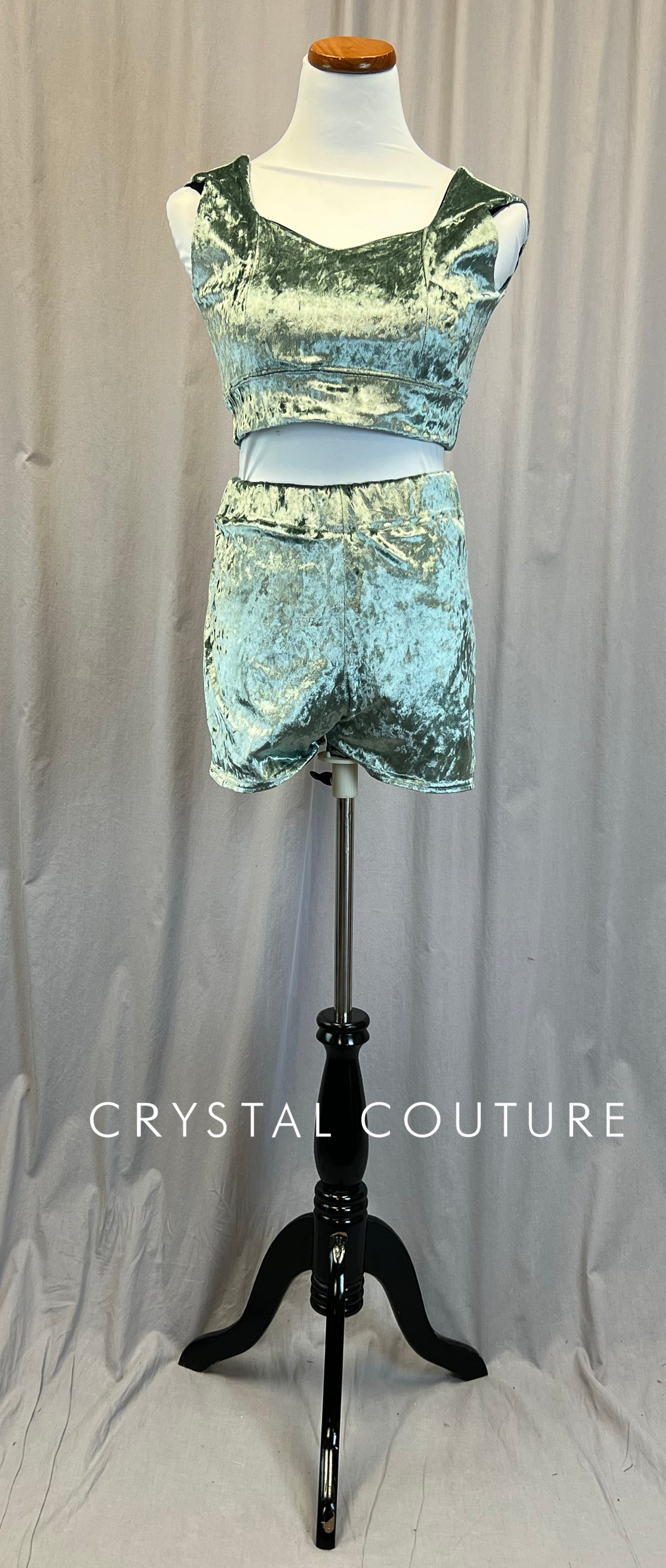 Mint Crushed Velvet Crop Top and Shorts Two Piece