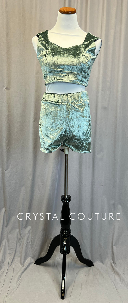 Mint Crushed Velvet Crop Top and Shorts Two Piece