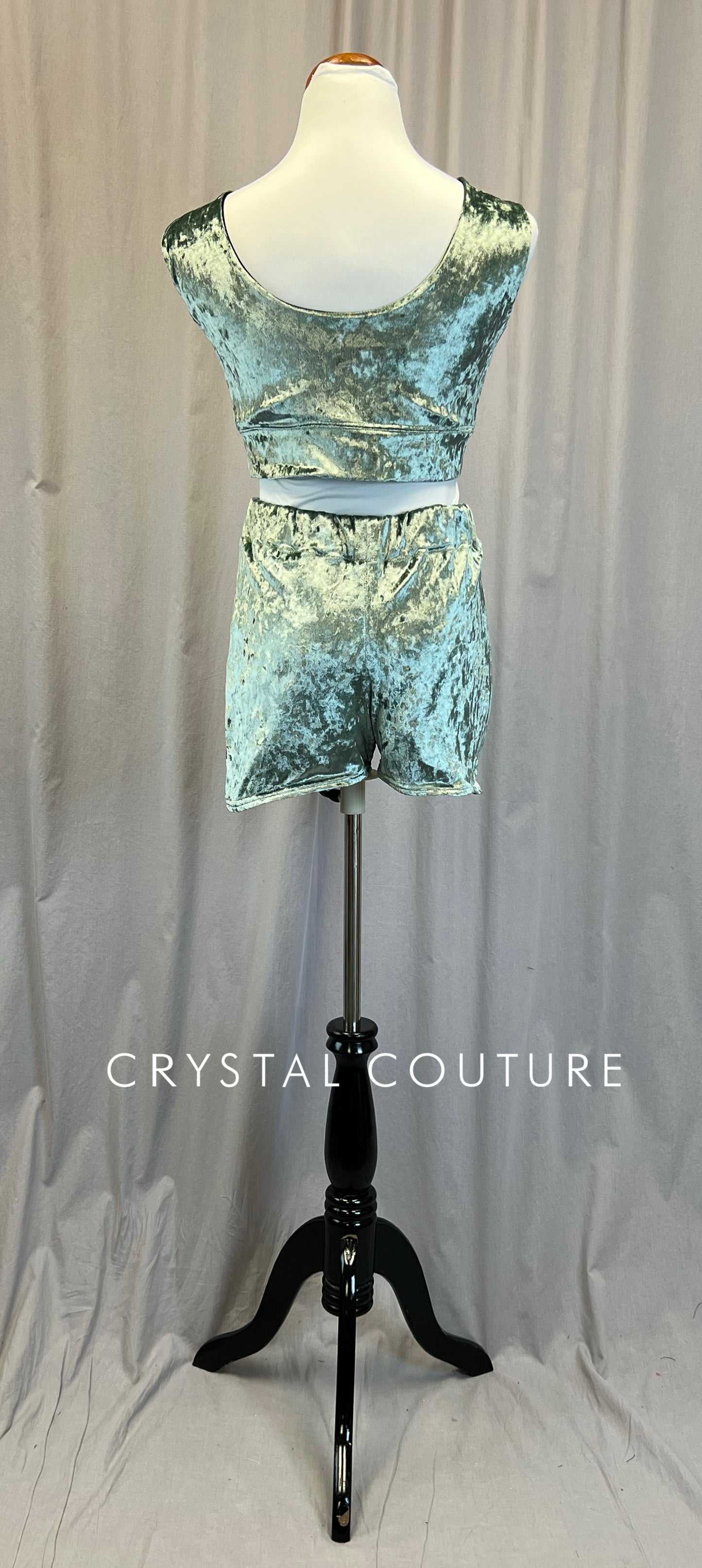 Mint Crushed Velvet Crop Top and Shorts Two Piece