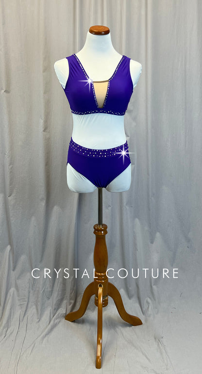 Purple Mock V-Neck Bra Top and High Waisted Brief Two-Piece Set - Rhinestones