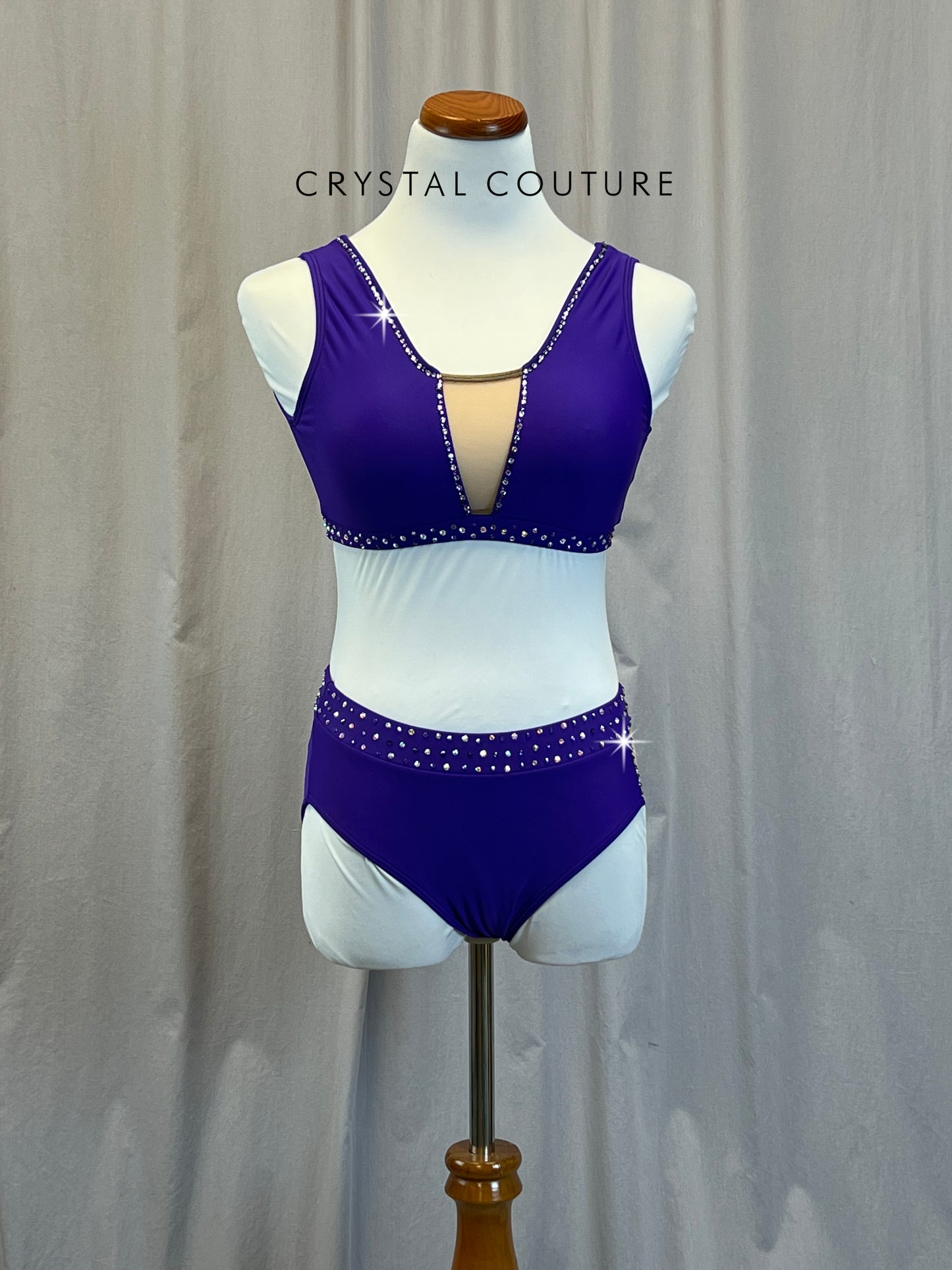 Purple Mock V-Neck Bra Top and High Waisted Brief Two-Piece Set - Rhinestones