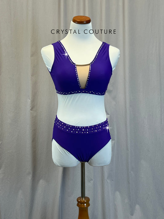 Purple Mock V-Neck Bra Top and High Waisted Brief Two-Piece Set - Rhinestones