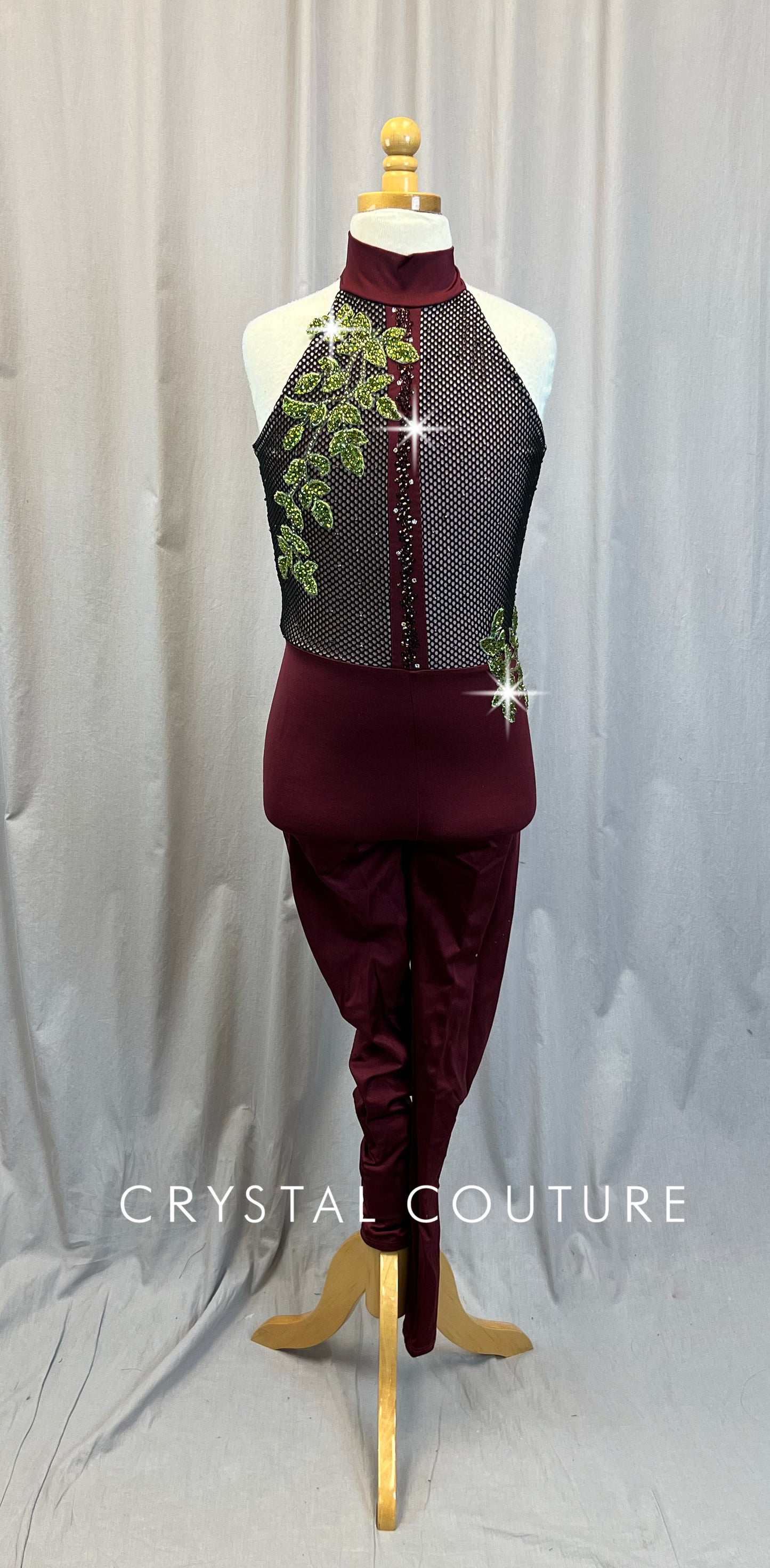 Burgundy Mock Neck Unitard with Black Net Fabric Top + Ivy Appliques - Rhinestones