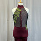 Burgundy Mock Neck Unitard with Black Net Fabric Top + Ivy Appliques - Rhinestones