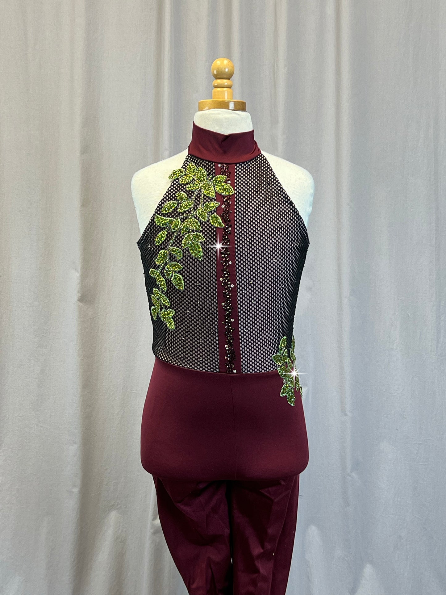 Burgundy Mock Neck Unitard with Black Net Fabric Top + Ivy Appliques - Rhinestones