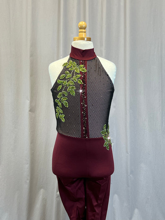 Burgundy Mock Neck Unitard with Black Net Fabric Top + Ivy Appliques - Rhinestones