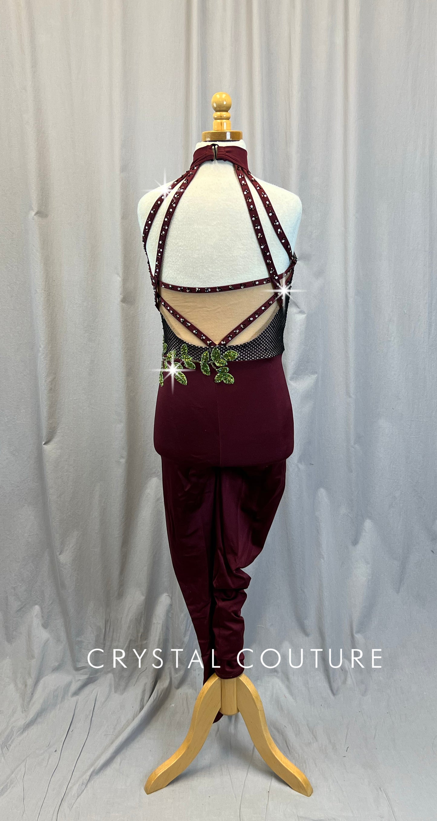 Burgundy Mock Neck Unitard with Black Net Fabric Top + Ivy Appliques - Rhinestones
