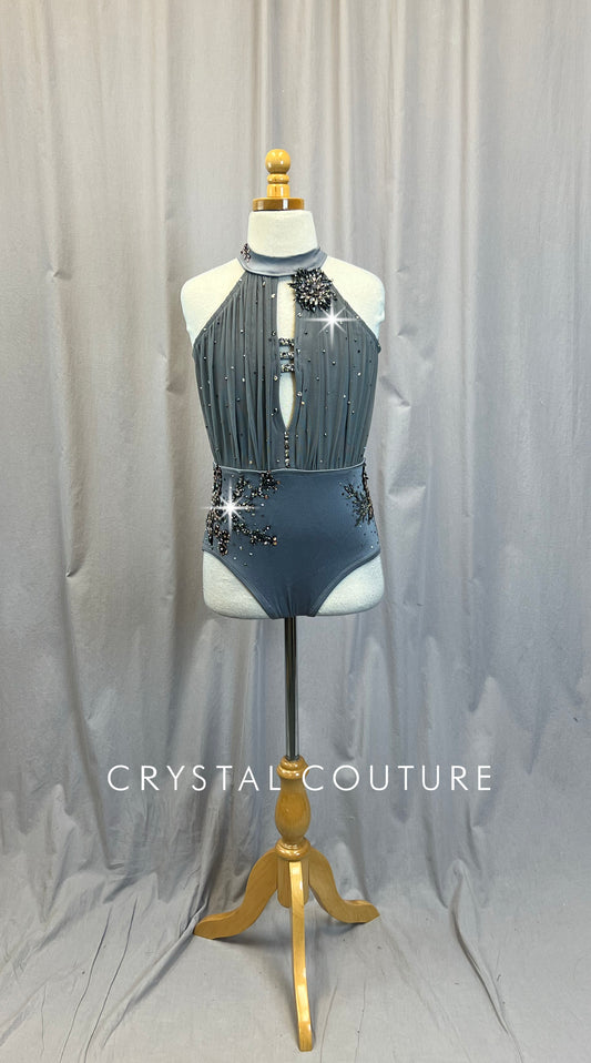 Slate Gray Mesh and Lycra High Neck- Keyhole Cut Out Leotard - Appliques + Rhinestones