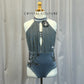 Slate Gray Mesh and Lycra High Neck- Keyhole Cut Out Leotard - Appliques + Rhinestones