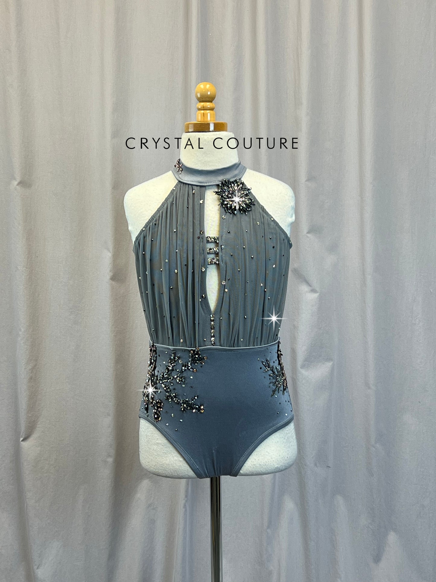 Slate Gray Mesh and Lycra High Neck- Keyhole Cut Out Leotard - Appliques + Rhinestones