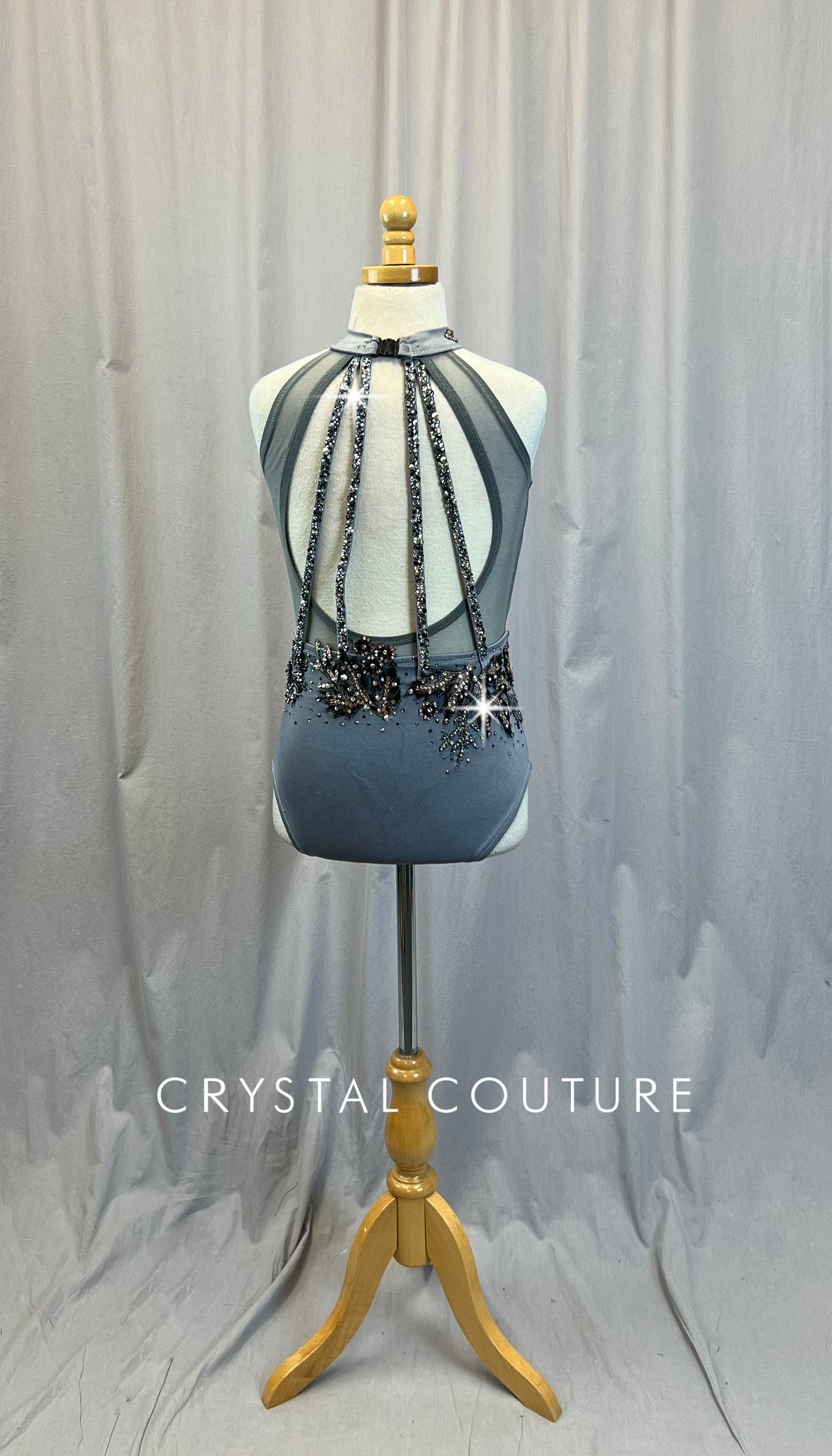 Slate Gray Mesh and Lycra High Neck- Keyhole Cut Out Leotard - Appliques + Rhinestones