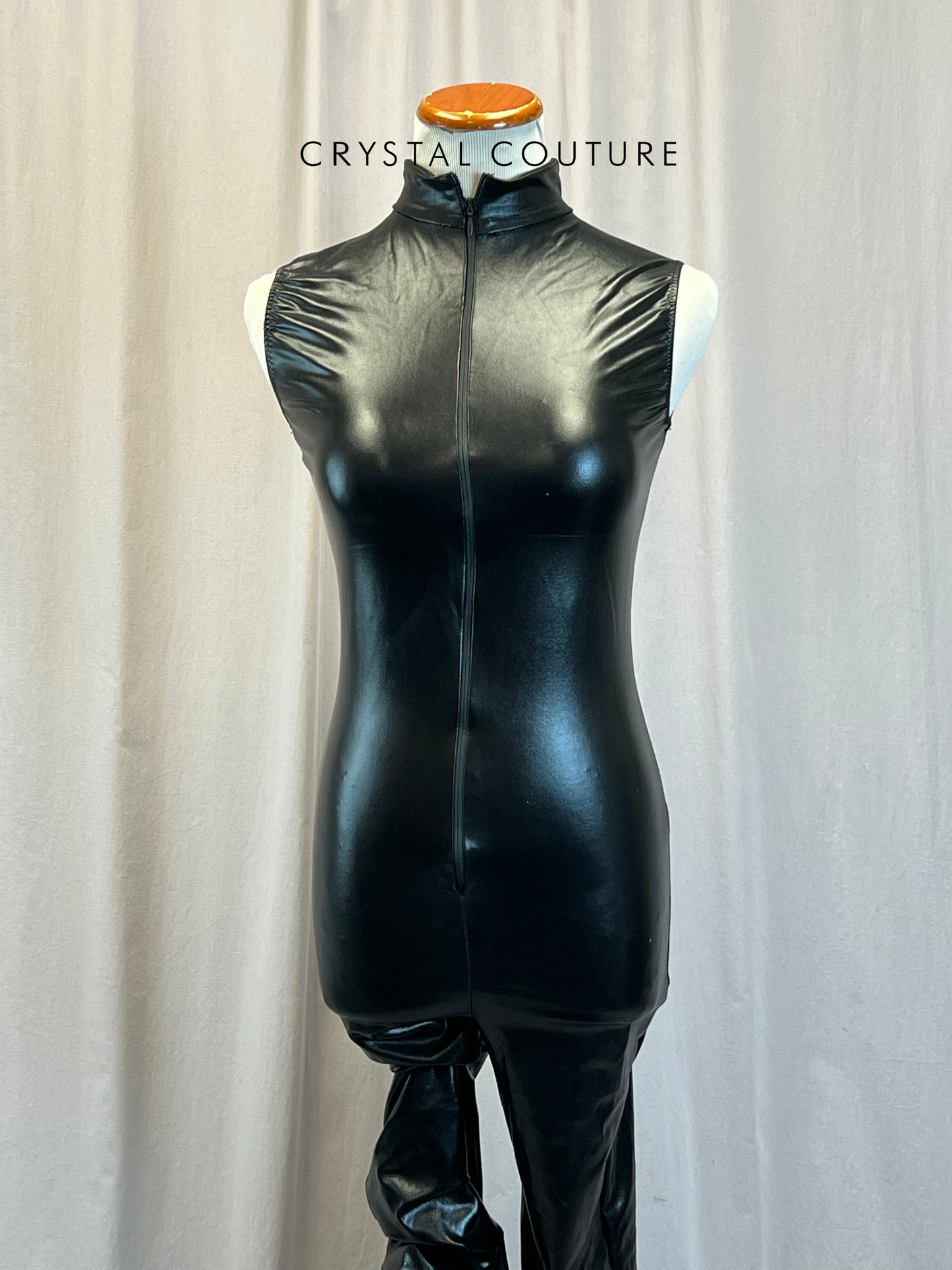 Black Shiny Nylon Mock Neck Front Zip Unitard