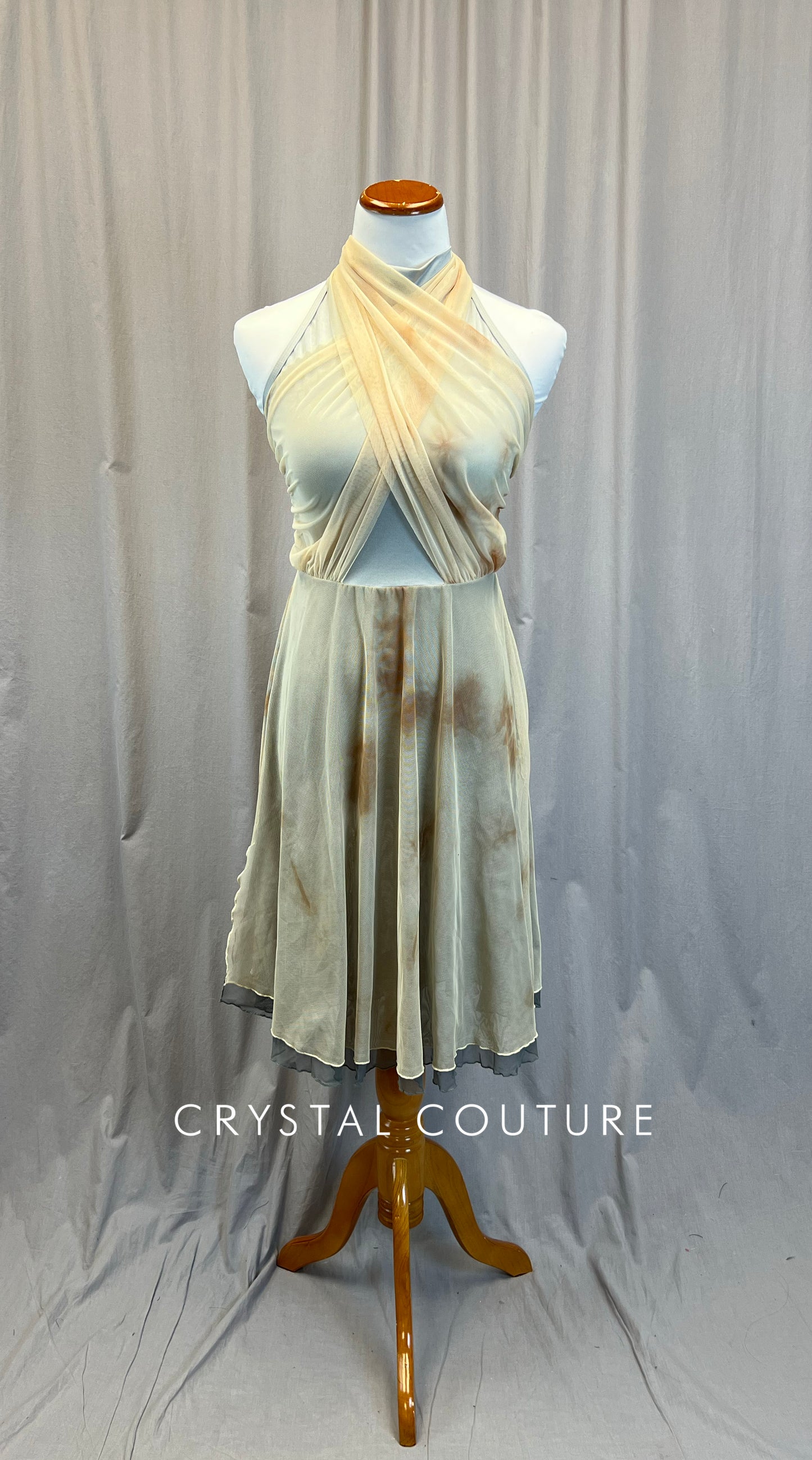 Silver Mock Neck Leotard with Cream/Tan Mesh Skirt, and Draping.