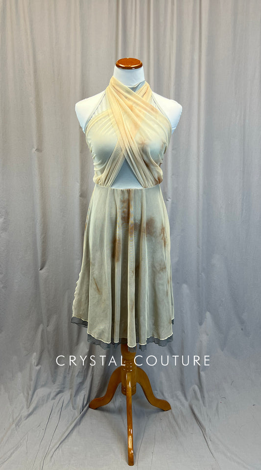 Silver Mock Neck Leotard with Cream/Tan Mesh Skirt, and Draping.