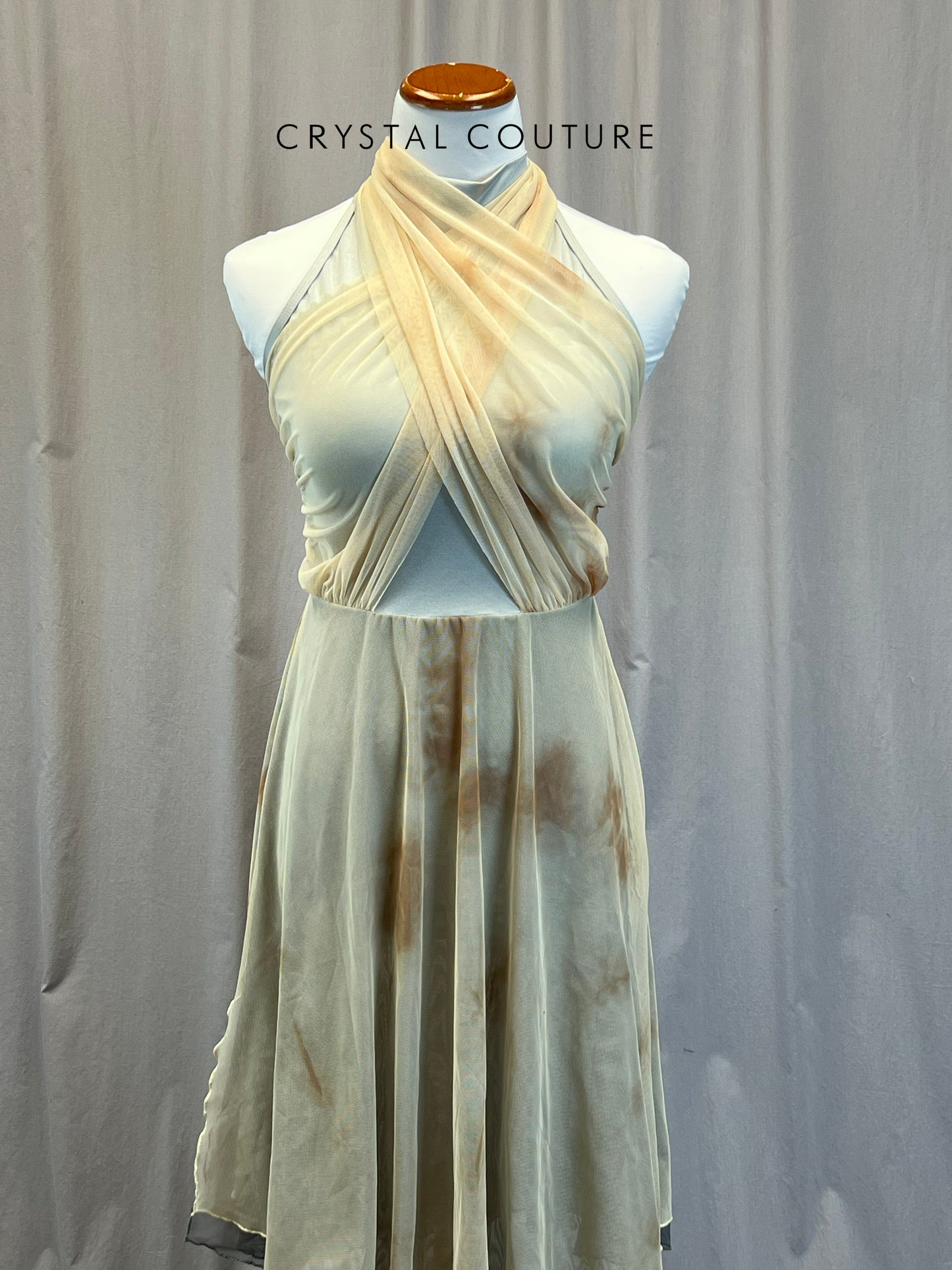 Silver Mock Neck Leotard with Cream/Tan Mesh Skirt, and Draping.