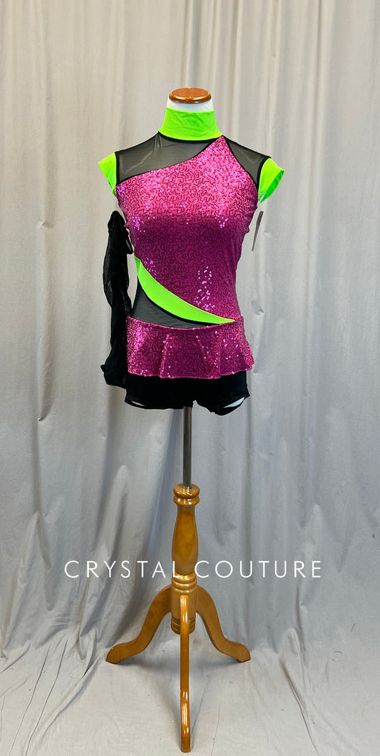 Pink, Black, and Green Sequin and Mesh Biketard - accessories