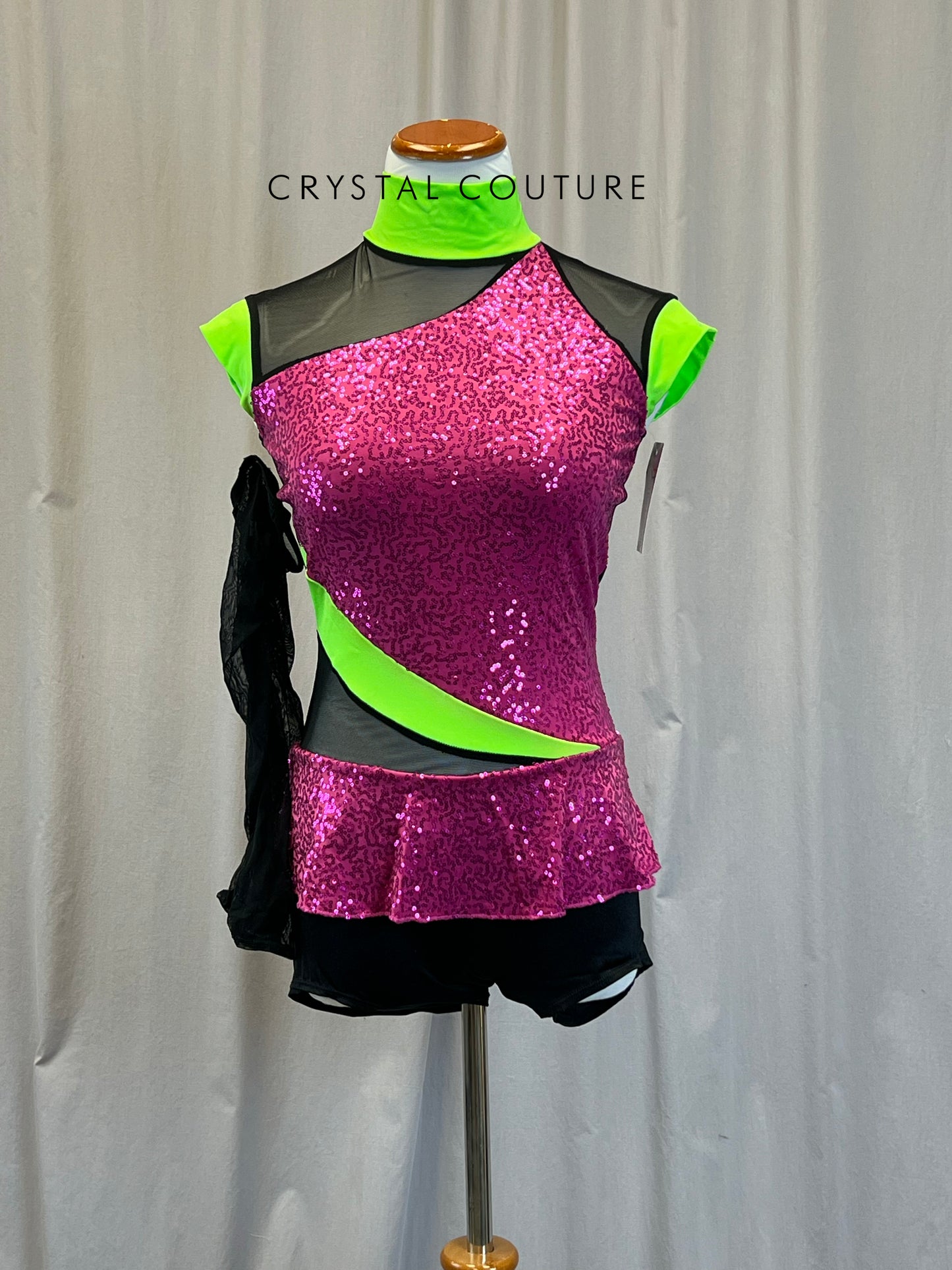 Pink, Black, and Green Sequin and Mesh Biketard - accessories