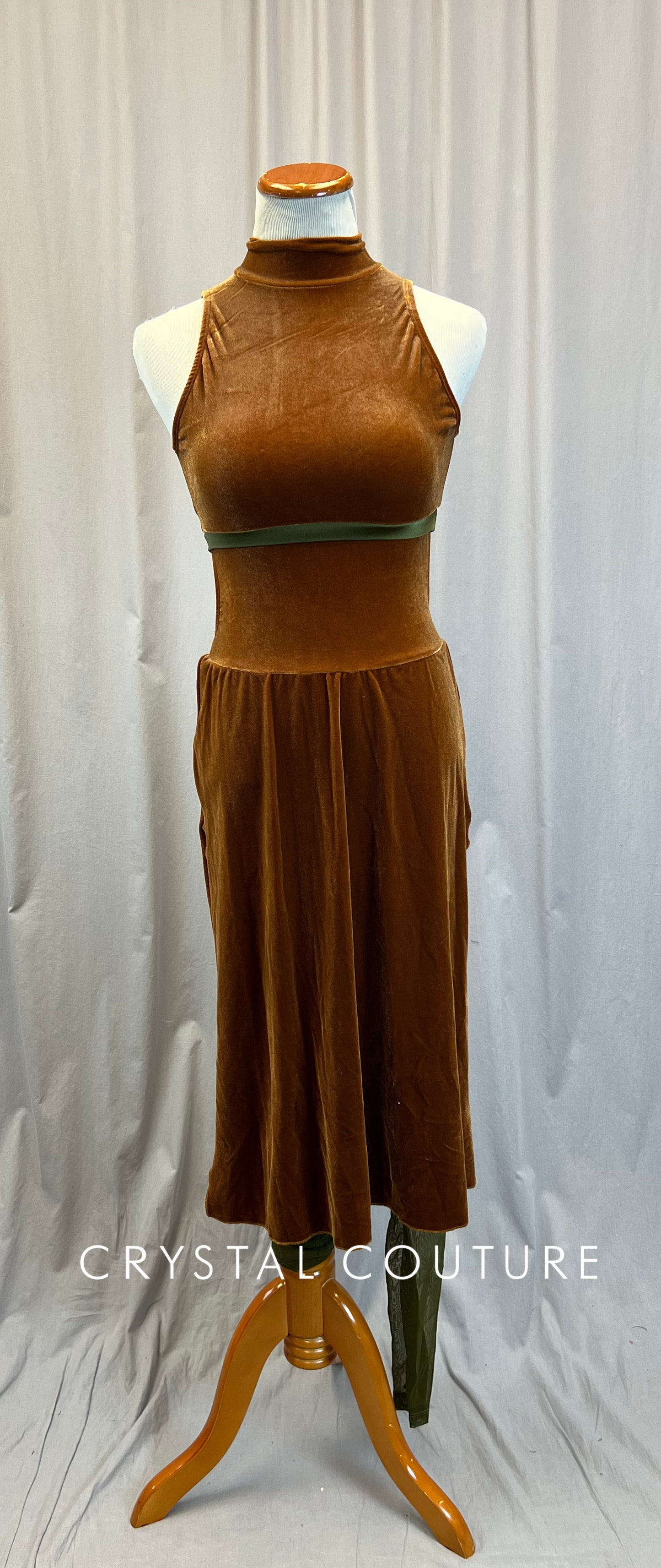 Brown Velour Long Dress Over Green Mesh Leggings