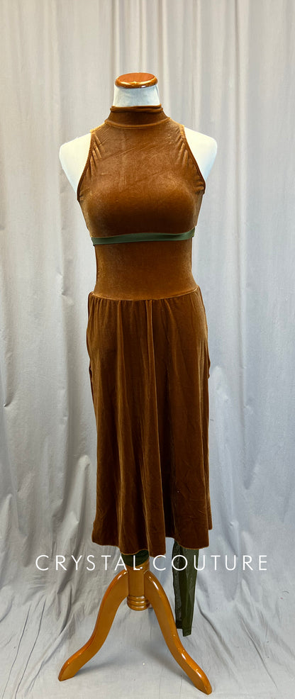 Brown Velour Long Dress Over Green Mesh Leggings