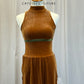 Brown Velour Long Dress Over Green Mesh Leggings